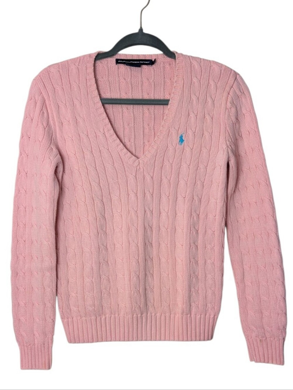 VTG 90s Ralph Lauren Sport Pink Cable Knit V-Neck Sweater Blue Pony Medium